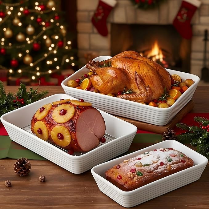 ONEMORE Baking Dishes for Oven, 9x13 Large Casserole Dishes for Oven with Roasting Racks, Rectangular Ceramic Baking Dish Set of 3 for Cooking & Serving, Deep Dish Lasagna Pan (3QT/2.1QT/1.3QT)
