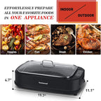 Indoor Grill, Techwood 1500W Smokeless Electric Grill with Tempered Glass Lid, Compact & Portable Non-Stick BBQ Grill with 6-Level Control, Dishwasher Safe, Black