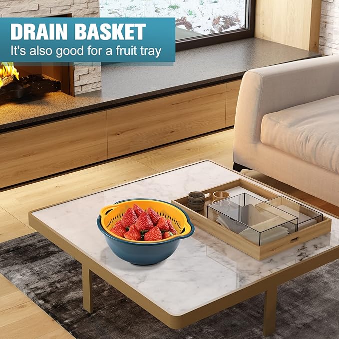 6 Pieces Colander with bowl, Food Strainer for Pasta Veggies and Fruits, BPA Free, Dishwasher Safe (blue)