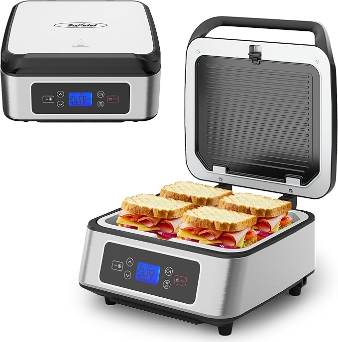 Sunvivi Indoor Grill, 1300W Smokeless Grill Indoor with Auto-Lift, Electric Griddle Nonstick with Removable Plates, Independent Upper Heating, Smart Time & Temperature Control, Easy to Clean and Store