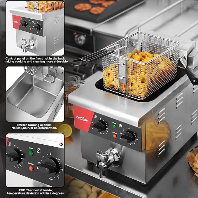 CROSSON 8L Countertop Electric Deep Fryer with Draining Valve,Solid Basket and Lid for Restaurant Use 120V,1800W Stainless Steel Commercial Deep Fryer