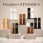 Wooden Salt and Pepper Grinder Set – Refillable Manual Salt and Pepper Mills with Adjustable Ceramic Burrs, Gold Detailing, and Wood Stand – Dark Wood
