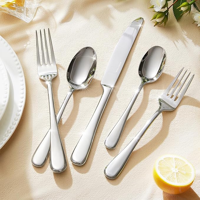 KINGSTONE 60 Pieces Silverware Set for 12, Premium Stainless Steel Flatware Set, Heavy Duty and Modern Design Cutlery Set, Mirror Polished, Dishwasher Safe