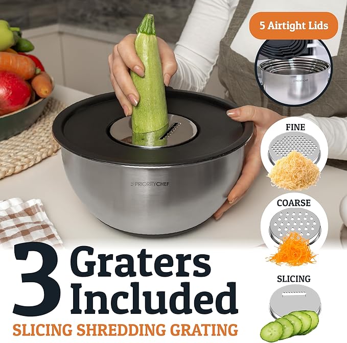 Priority Chef Stainless Steel Mixing Bowls with Lids Set, 3 Grater Attachments, Airtight Lids, Non-Slip Silicone Base Mixing Bowl Set, Large Prep Metal Mixing Bowls for Kitchen, Black