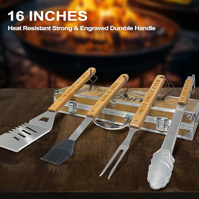 Uncle Gifts, Christmas Uncle Gift from Niece Heavy Duty Wooden BBQ Grilling Accessories Kit for Backyard, Thick Stainless Steel Grill Utensils with Non-Slip Handle Tools in Portable Bag Father's Day