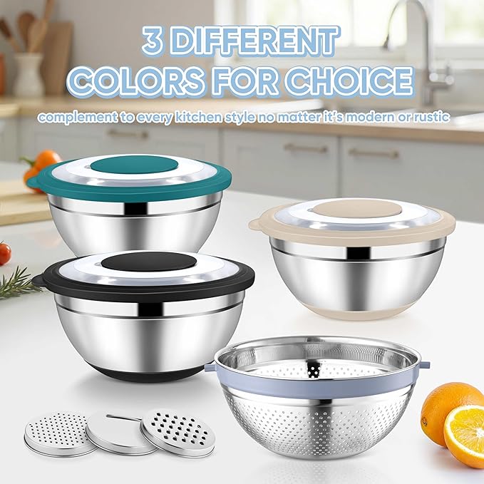 TeamFar 4-1 Colander with Bowl Set, Rotatable Colander for Kitchen, Stainless Steel Food Strainers and Colanders Mixing Bowl with Graters, for Veggies Fruits Washing, Pasta Straining - Khaki