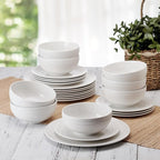 Pfaltzgraff Josephine 24-Piece Dinnerware Set, Porcelain Dish Set with Embossed Basket Weave Design, Service for 8, White Plates and Bowls Sets, Microwave and Dishwasher Safe