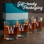 On The Rox (W-Monogram)- 4 Piece Set of 11 Ounce Engraved Heavy Base Rocks Glasses- Quality Elegant Glass-Multi-Purpose Beverage-Rocks Glass- For any Occasion