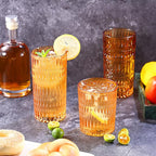 Loivttvv Glassware Drinking Glasses Set of 8, 14 oz Highball Glasses & 10 oz Ribbed Glass Cups, Vintage Glassware for Water, Juice, Cocktail (Thanksgiving Amber)