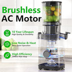 Cold Press Juicer Machines, 5.3" Large Feed Chute Slow Masticating Juicer, Powerful AC Brushless Motor Fit Whole Fruits & Vegetable, 99% Juice Yield, Ultra Quiet, Easy Clean