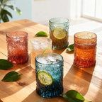 Qinyoung 24 Plastic Vintage Drinking Glasses 8.5oz Stemless Retro Embossed Wine Glasses Shatterproof Reusable Cups for Baby Shower Wedding Reception Grand Event Party (Vintage Multicolor)