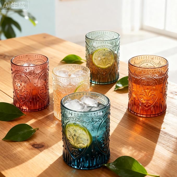Qinyoung 24 Plastic Vintage Drinking Glasses 8.5oz Stemless Retro Embossed Wine Glasses Shatterproof Reusable Cups for Baby Shower Wedding Reception Grand Event Party (Vintage Multicolor)