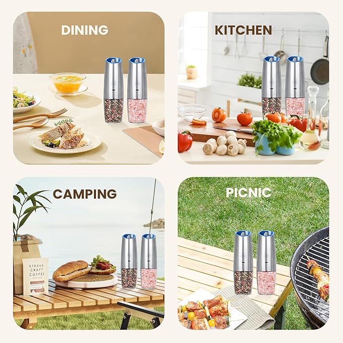 Rechargeable Electric Salt And Pepper Grinder Set, Automatic Gravity Electric Salt And Pepper Grinder Set, Adjustable Roughness, Led Light, 2 Pack, (Silver)