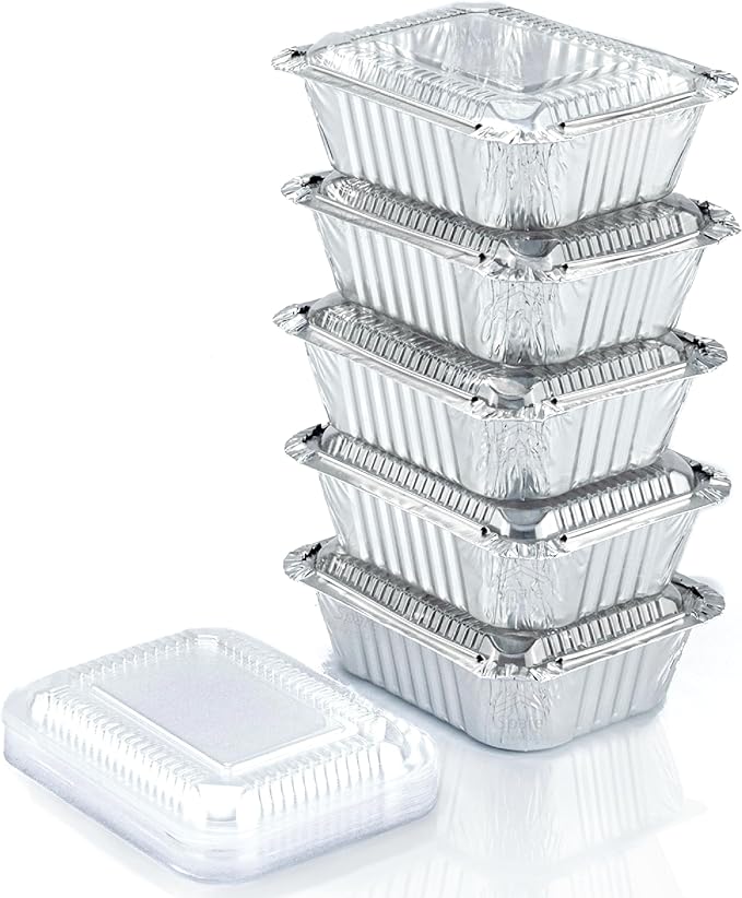 Spare Essentials 110 Pack - Small Aluminum Pans with Plastic Lids 1LB Disposable Baking Foil Containers, Takeout Food Storage, Freezer, for Restaurants & Catering - Size 5.5x4.5x1.9