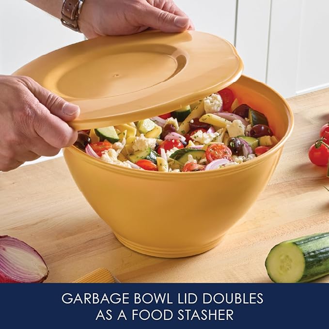 Rachael Ray Tools and Gadgets Kitchen Prep, Garbage Bowl with Lid, Bench Scrape, Veggie Peeler, 4 Piece Food Prep Set - Turmeric Yellow