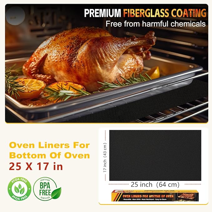 2 Pack Oven Liners for Bottom of Oven, 17"x25" Heavy Duty Non-Stick Oven Liner Mat, Reusable Heat Resistant Grill & Baking Mat, BPA/PFOA Free Roaster Liners, Fits Electric, Gas, Toaster Ovens (Black)