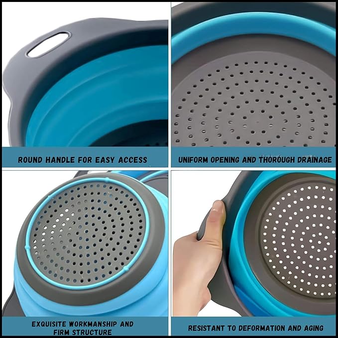 Collapsible Colander 3-Pack Set, Collapsible Strainers for Kitchen, Foldable Space-Saving Colander Strainer Set, Pasta Strainer for Vegetables & Fruits, Durable Non-Slip Strainers and Colanders (Blue)