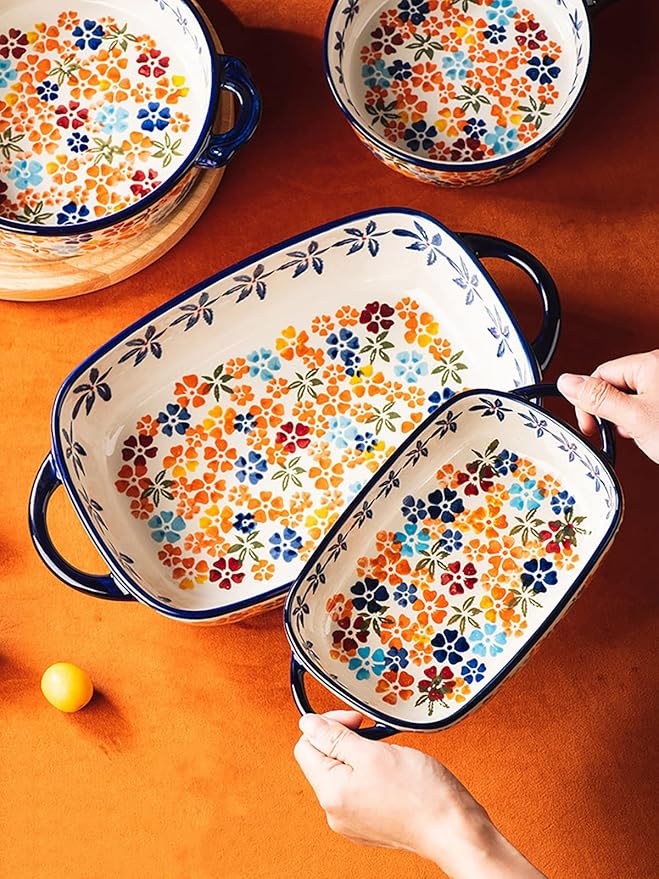 Colorful Cherry Blossom Flowers Vintage Style Ceramic Bakeware Dish Casserole Dish Baking Pan Lasagna Pans with Handles for Oven/Cooking/Kitchen, 1 PCS, 60 oz