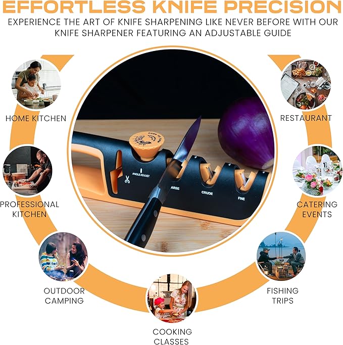 HSQUARE Knife Sharpener for Kitchen – 4-in-1 Manual Sharpener with Adjustable Angle Guide | Pull Through Professional Knife Sharpeners for Kitchen Knives, Scissors, Chef & Pocket Knives