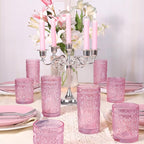 abrwyy Pink Glassware set of 4, Vintage Drinking Glasses, 10oz Pink Heavy Duty Glass Cups, Old Fashioned Glass, Embossed Glasses Set for Party Wedding Home Office Glassesware Gift