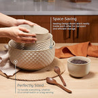 KooK Ceramic Mixing Bowls, Nesting Set of 4, Embossed Kitchen Dishware, Prep, Serving, Gift, Microwave and Dishwasher Safe, 20/44/98/145 oz, Narbonne Collection (Almond)