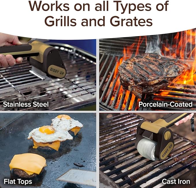 Horsepower Giddy Up GOLD Bristle-Free Spinning Grill Brush w/LED & Longer Run Time, Cordless/Rechargeable, 304 Stainless Steel Power Roller Blasts Away Burnt-On Food, No Bristles No Preheating 350 RPM