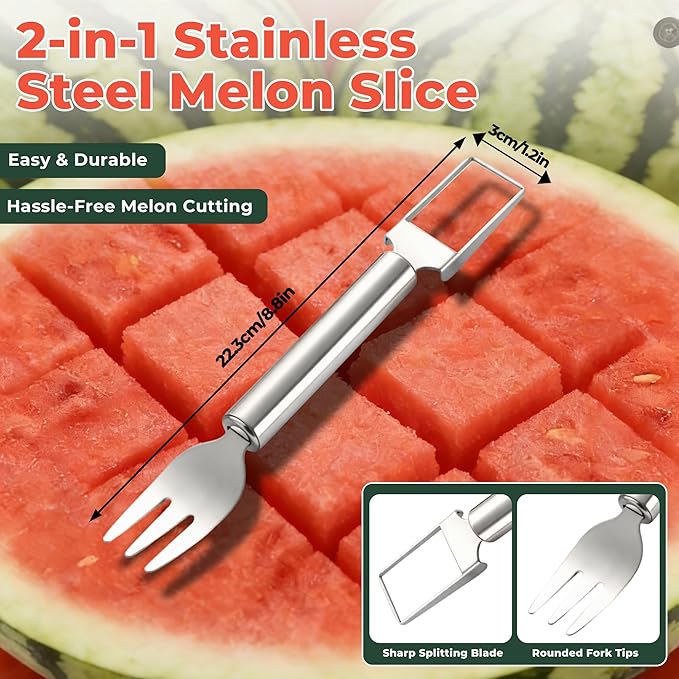 2-in-1 Stainless Steel Fruit Cutter, 2026 New Upgrade Dual Head Watermelon Fork Slicer Cutter Tool, Summer Watermelon Fruit Cutting Home Kitchen Gadgets (2PCS)