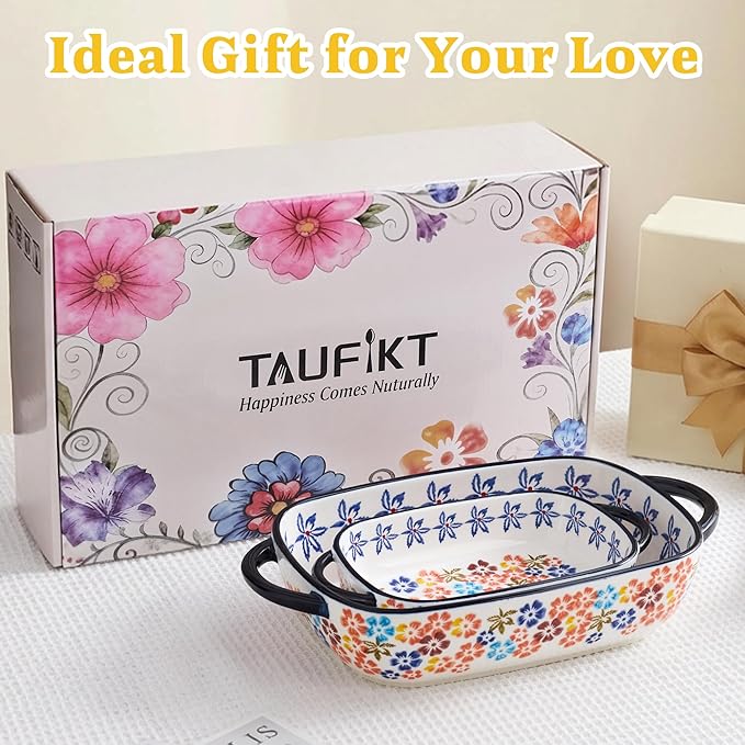 Ceramic Casserole Dishes for Oven, Hand-painted Polish Pottery Baking Dish Set of 2, 0.8QT / 2QT Porcelain Casserole Dish with Handles, Baking Pan Lasagna Pan, Gift for Family/Friend (Yellow)