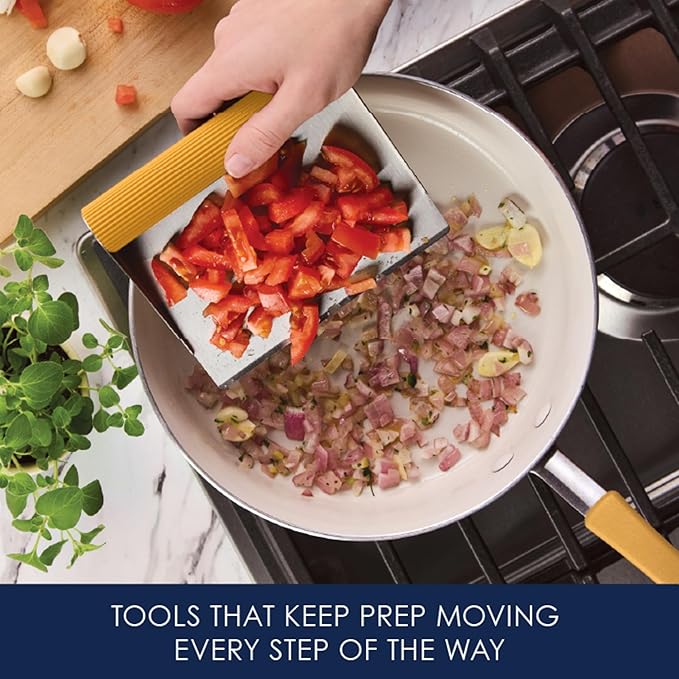 Rachael Ray Tools and Gadgets Kitchen Prep, Garbage Bowl with Lid, Bench Scrape, Veggie Peeler, 4 Piece Food Prep Set - Turmeric Yellow