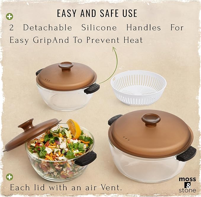 Moss & Stone 6-Piece Borosilicate Glass Casserole Set with Durable Plastic Lids – 2.6/1.5/1 Qt Oven & Microwave Safe Glass Baking Dishes for Cooking, Serving & Kitchen Storage