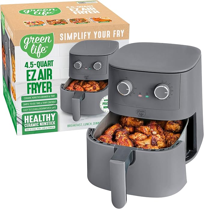 GreenLife 4.5QT Air Fryer, Mechanical Dial Controls, PFAS-Free Ceramic Nonstick Drawer, Adjustable Temp & Timer, LED Indicator, Oil-Less Cooking, Dishwasher Safe, Compact Family Size, Graphite