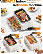 XHJ 4-in-1 Electric Indoor Grill Smokeless for Home,Countertop Electric Grill with Removable Sizzling Grill Pan & Grate + Auto Rotating Kabob Skewers + Electric Hot Dog Roller Dual Zone Cook with Lid