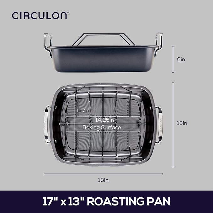 Circulon Ultra-Lasting Nonstick Roasting Pan with Rack, Roaster Pan with Easy Serve Rack, 17-Inch x 13-Inch, Black