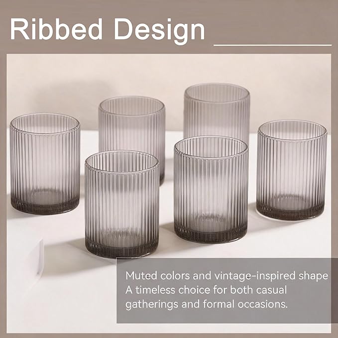 Physkoa Grey Ribbed Drinking Glasses Set of 6 – 9oz Vintage Smoke Grey Glassware, Embossed Ribbed Tumbler Cups for Juice, Water, Cocktail, Iced Coffee