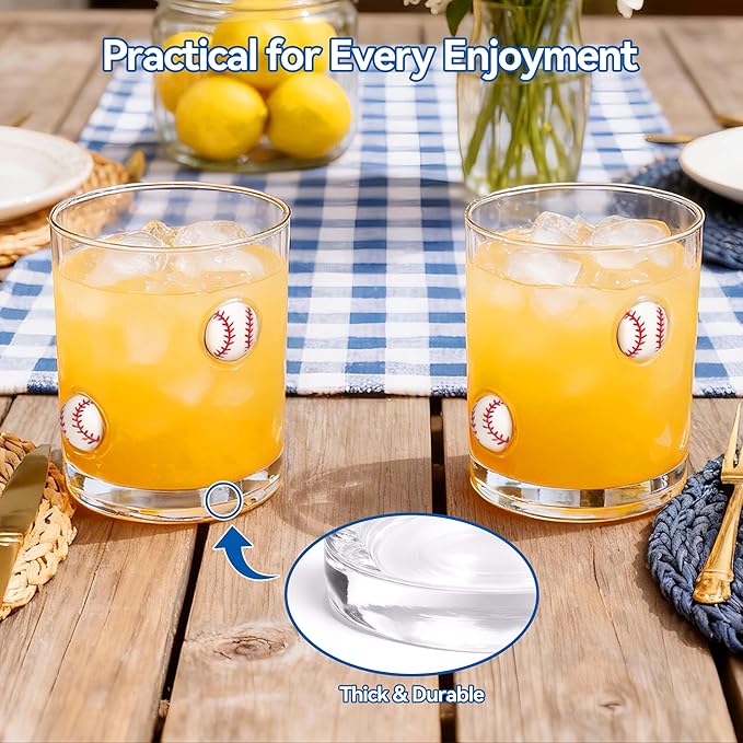 2 Pcs Handmade Baseball Icon Juice Glass Cup, Durable Heat-Resistant Glass, 14 oz Double Old Fashioned Drinking Glass Cup for Holiday Party Supplies Spring Gifts