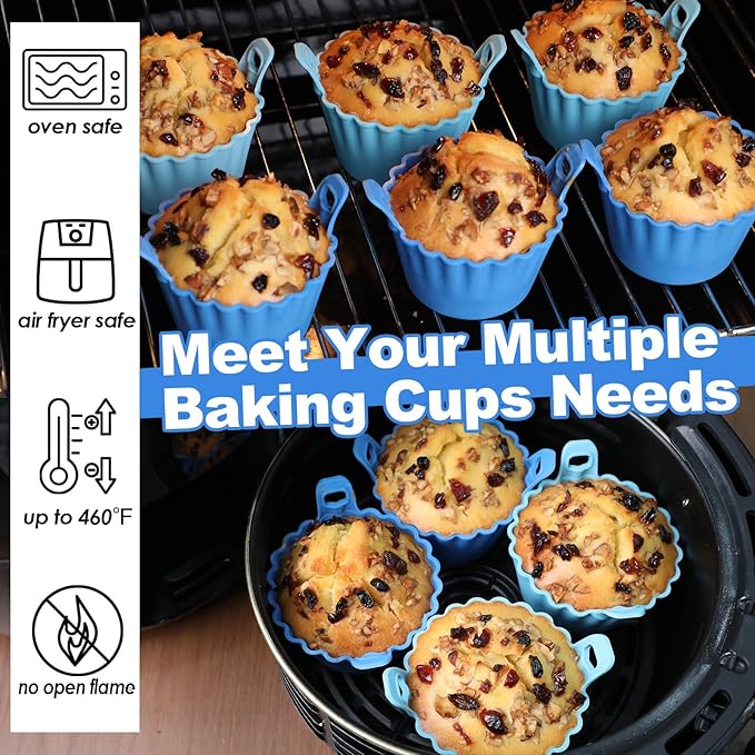 Koluti Nonstick Silicone Muffin Baking Cups Pack of 8, Reusable Cupcake Molds with Double Handle, BPA Free, Small Round Air Fryer Cupcakes Liner, 2 Colors