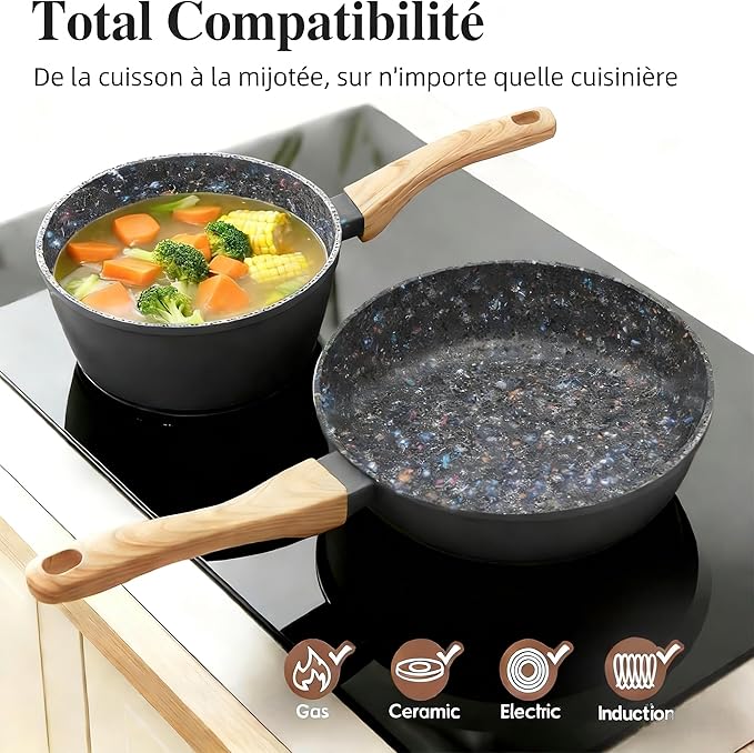 3-Piece Nonstick Cookware Set, 10.25 Inch Frying Pan & 2 Pots with Lids | PFAS & PFOA Free Non-Toxic Coating | Induction Compatible, Dishwasher Safe | Pots and Pans Set for Beginner Kitchen