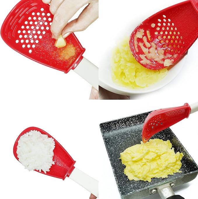 6 in 1 Multifunctional cooking gadgets, 356°F Heat Resistant kitchen gadgets, Egg Separator, Cooking, Draining, Mashing, Grating, Cooking spoon red
