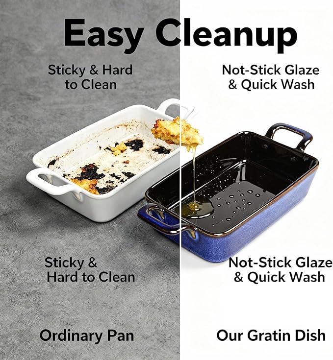 7 x 4 Au Gratin Baking Dishes for Oven Safe and Microwave Cooking and Baking, 2 piece, Heat Resistant Ceramic with Handles for Serving, Small Casserole Dish Set for 1 or 2 person servings, Blue