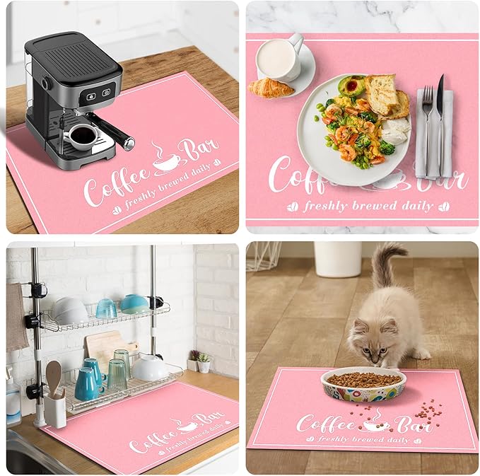 CooRug Absorbent Coffee Mat, Fashion Dish Drying Mat for Kitchen Counter Coffee Bar Accessories Espresso Machine Dish Rack 12" x 20" Pink