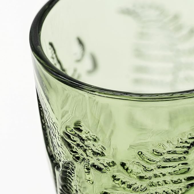 Vintage Green Stemmed Goblets Set of 4, Fern Embossed Textured Glass Wine Goblets, Retro Boho Colored Stemware, Decorative Drinking Glasses for Water, Wine & Cocktails, Vintage Glassware Gift Set