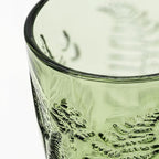 Vintage Green Drinking Glass, 10 oz Hand-Pressed Deep Textured Glass Cup, Fern Embossed Retro Glassware, Decorative Tumbler for Water, Cocktails & Juice, Boho Colored Kitchen Drinkware, Unique Gift