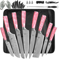 FULLHI 15pcs Japanese Knife Set with Magnetic Knife Block Holder, Japan Stainless Steel Blades, Ergonomic Handles for Professional and Home Cooking (Pink, Knife set)