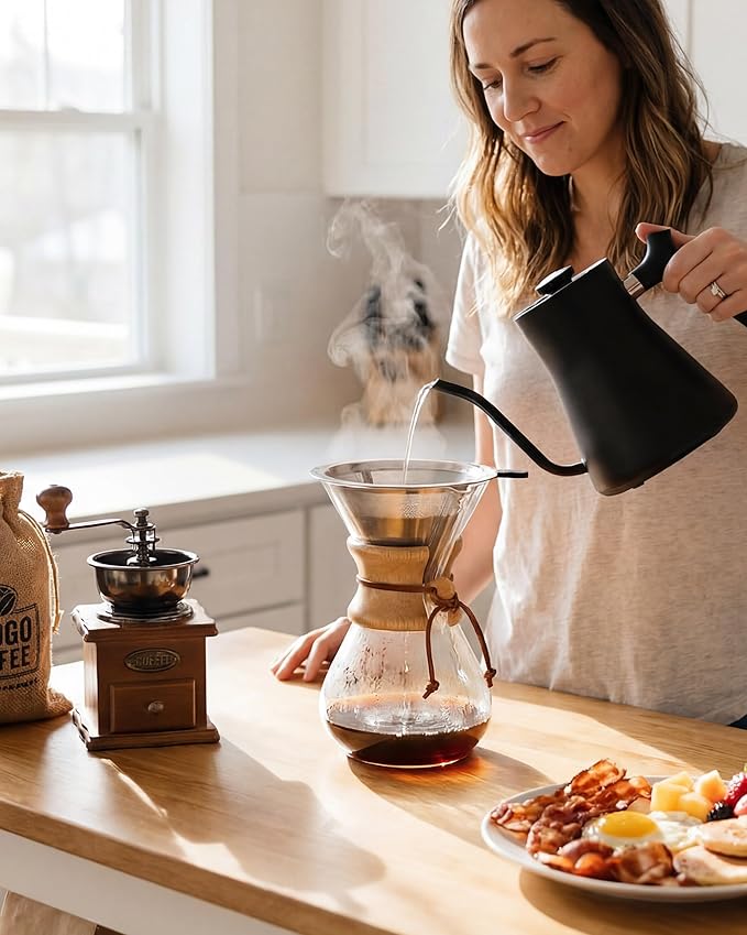 AGOGO Pour Over Coffee Maker Glass - Barista Kit with 304 Stainless Filter for Home, Office, Camping, Cafes - Easy Clean Coffee Dripper Set (Soft Towel&Brush) (34oz Classic w/SS Filter)