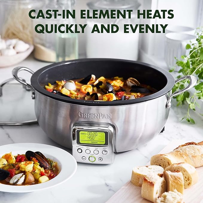 GreenPan Elite 6QT Electric Skillet, Sear Saute Stir-Fry Cook Rice, Healthy Ceramic Nonstick, Dishwasher Safe Parts, Easy-to-use LED Display, PFOA and PFA Free, Smart Pot, Stainless Steel