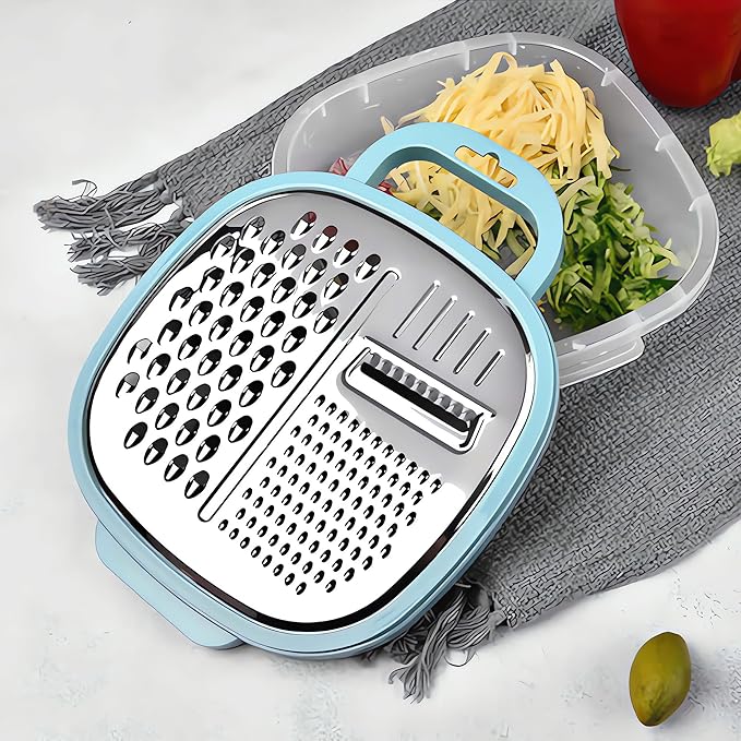 3 in 1 Vegetable Slicer with Storage Box, Stainless Steel Cheese Box Grater, Food Chopper, Wave Cutter, Kitchen Multi-Purpose Grater for Potatoes, Carrots, Zucchini, Onions... (Light Blue)