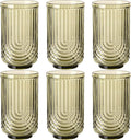 Green Vintage Drinking Glasses Set of 6-17oz Hand-Blown Highball Ribbed Glassware, Arch Design Cocktail Glasses for Whiskey Water Beverages Ice Coffee Juice Milk