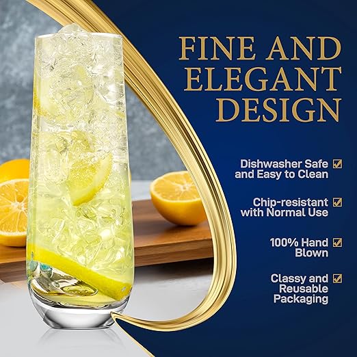 Champagne Flutes Stemless 9.4oz Set of 2 Elegant Clear Crystal Glass Drinkware w/Narrow Rim Seamless Bowl Lead-Free Dishwasher Safe Sparkling Wine Glassware Perfect for Any Occasion by NutriChef