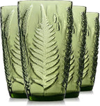Vintage Green Drinking Glasses Set of 4, 16 oz Handcrafted Glass Tumblers, Heavy Textured Highball Cups, Fern Embossed Antique Colored Glassware, Retro Boho Aesthetic Drinkware, Housewarming Gift Set