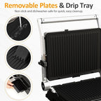 Sunvivi Indoor Grill & Griddle with Preset Menu, 1600W Electric Panini Press Sandwich Maker, Removable Nonstick Plates, Locking Lid, Double-sided Grill with 180° Flat Opening, Stainless Steel, Black